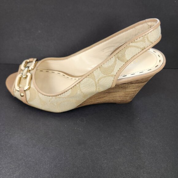 EUC - Coach Cynthia Signature Wedge Peep Toe Sandal Khaki Size 6B - Picture 3 of 16